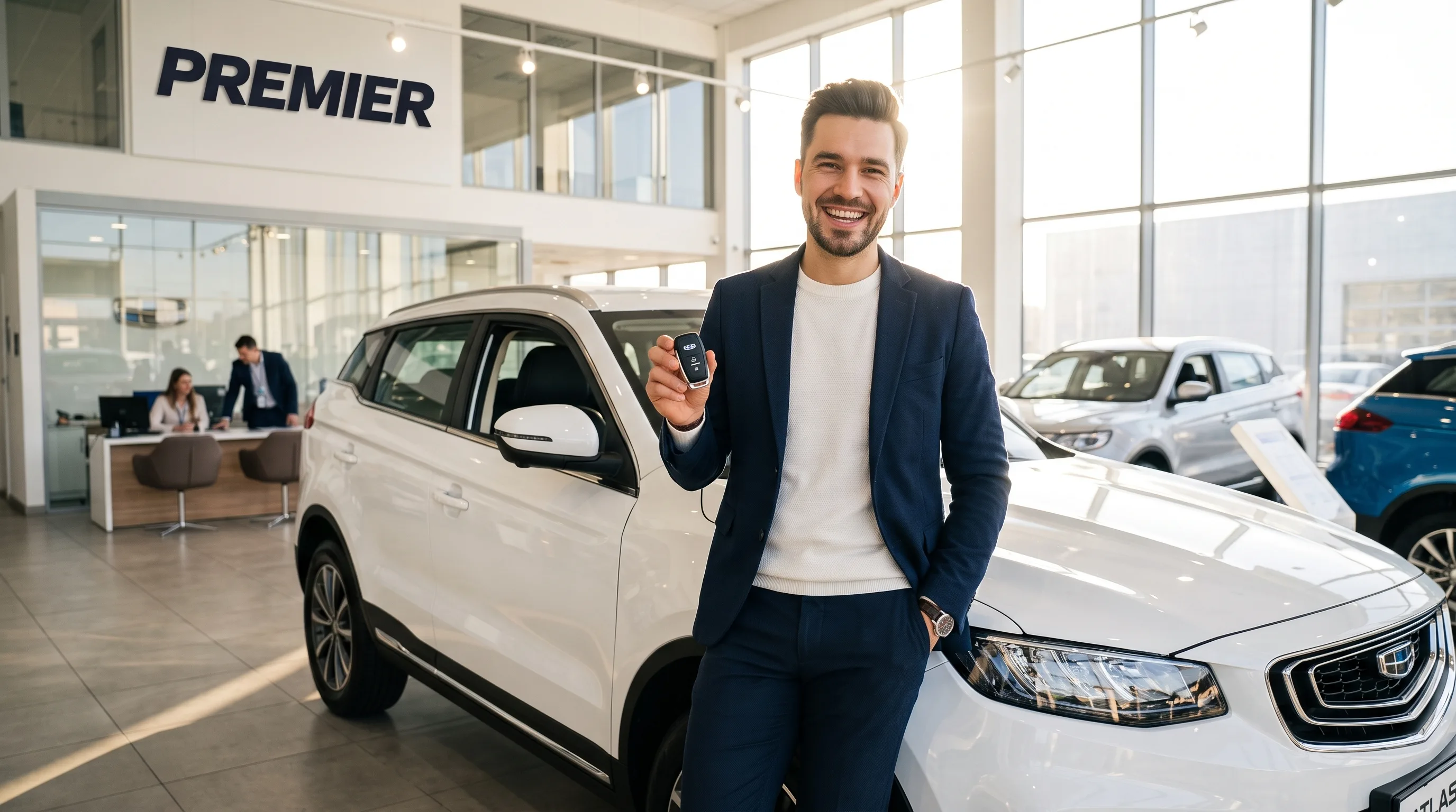 Консультант в автосалоне рядом с автомобилем